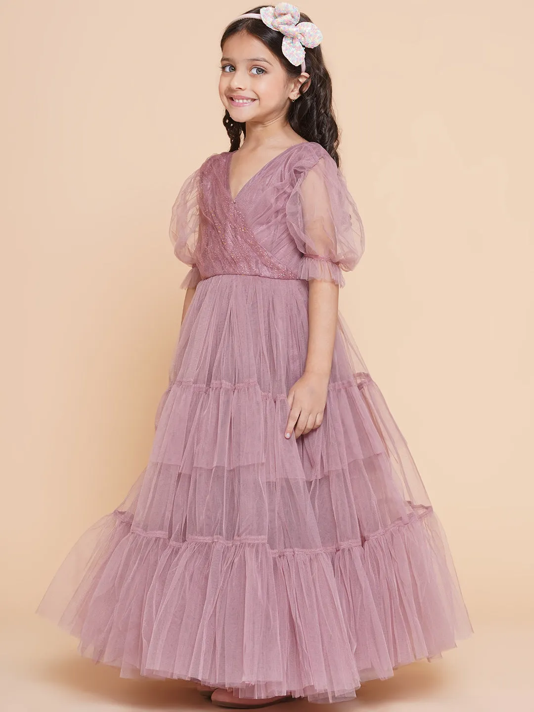 Jashvi Girls Onion Pink Net Embellished Fit & Flared Maxi Dress.