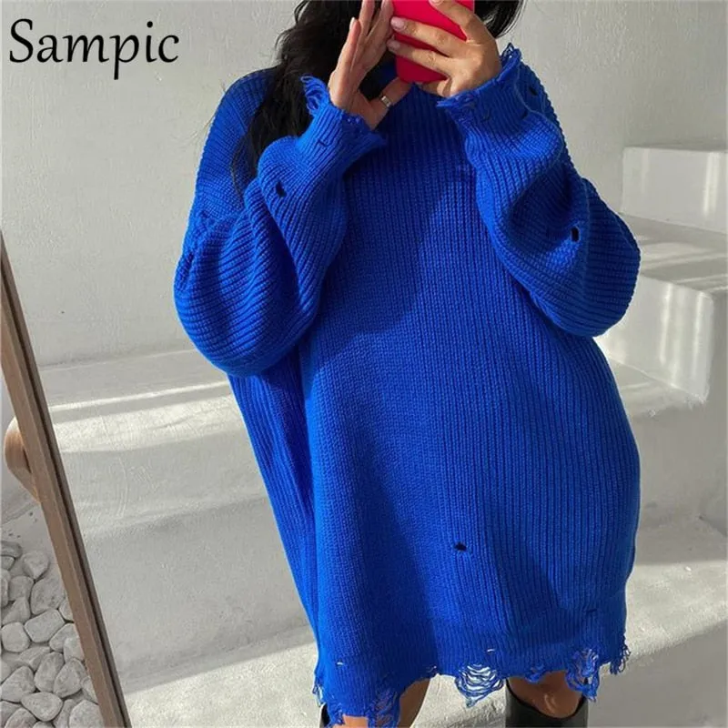 Joskaa Christmas Gift Sampic 2024 Y2K Women Knitted Green O Neck Pullover Long Sleeve Oversized Sweater Tops Casual Party Sexy Club Sweater Dresses