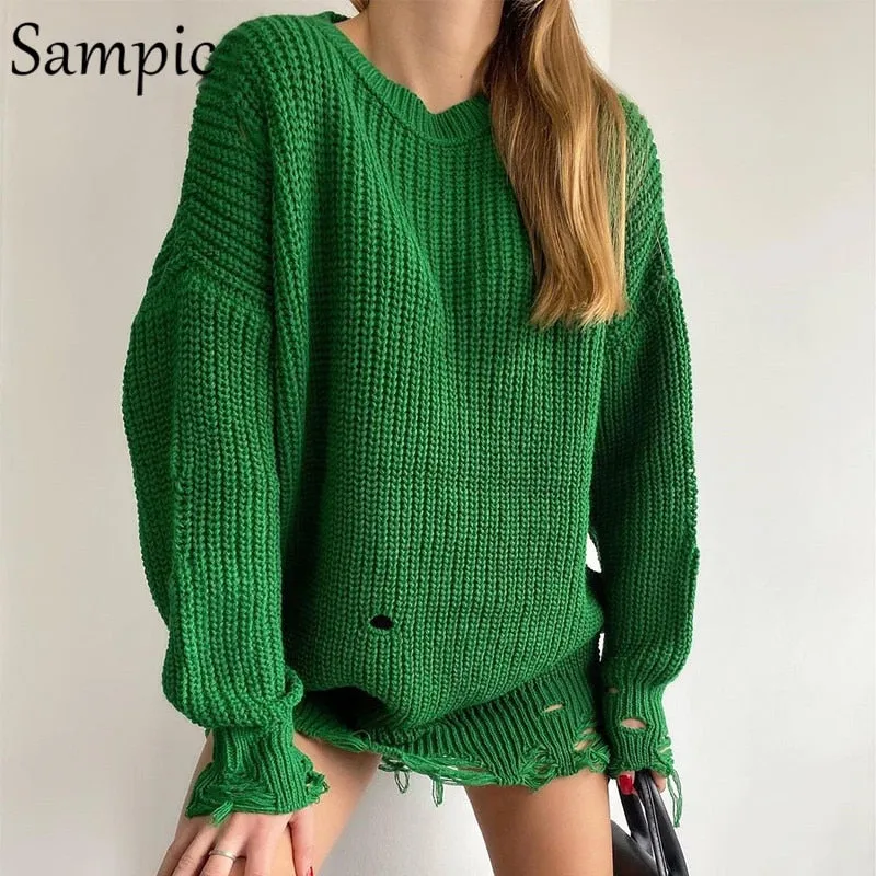 Joskaa Christmas Gift Sampic 2024 Y2K Women Knitted Green O Neck Pullover Long Sleeve Oversized Sweater Tops Casual Party Sexy Club Sweater Dresses