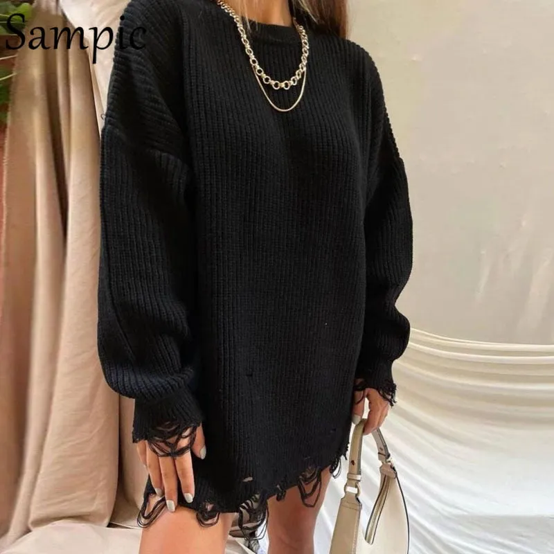 Joskaa Christmas Gift Sampic 2024 Y2K Women Knitted Green O Neck Pullover Long Sleeve Oversized Sweater Tops Casual Party Sexy Club Sweater Dresses