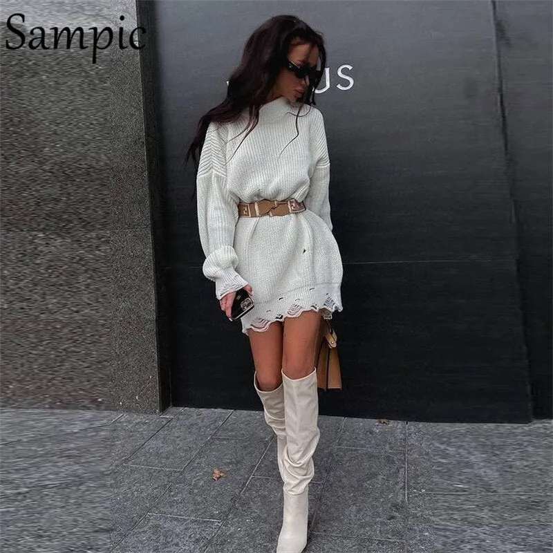 Joskaa Christmas Gift Sampic 2024 Y2K Women Knitted Green O Neck Pullover Long Sleeve Oversized Sweater Tops Casual Party Sexy Club Sweater Dresses