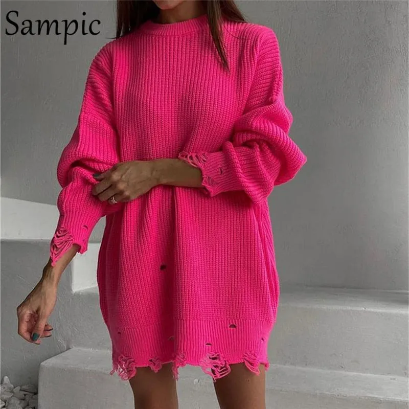 Joskaa Christmas Gift Sampic 2024 Y2K Women Knitted Green O Neck Pullover Long Sleeve Oversized Sweater Tops Casual Party Sexy Club Sweater Dresses