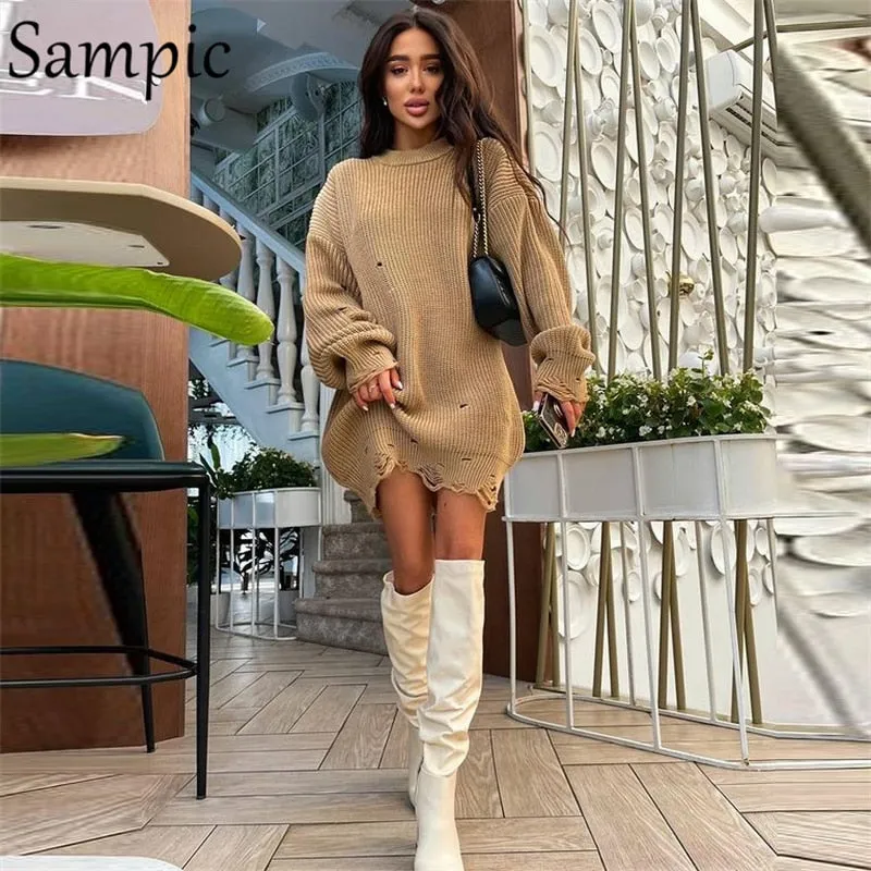 Joskaa Christmas Gift Sampic 2024 Y2K Women Knitted Green O Neck Pullover Long Sleeve Oversized Sweater Tops Casual Party Sexy Club Sweater Dresses