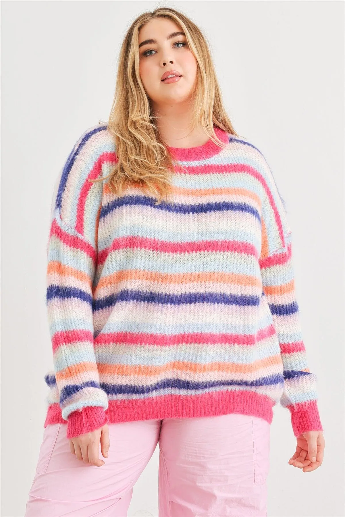 Junior Plus Fuchsia Mix Stripe Knit Long Sleeve Sweater /1-2