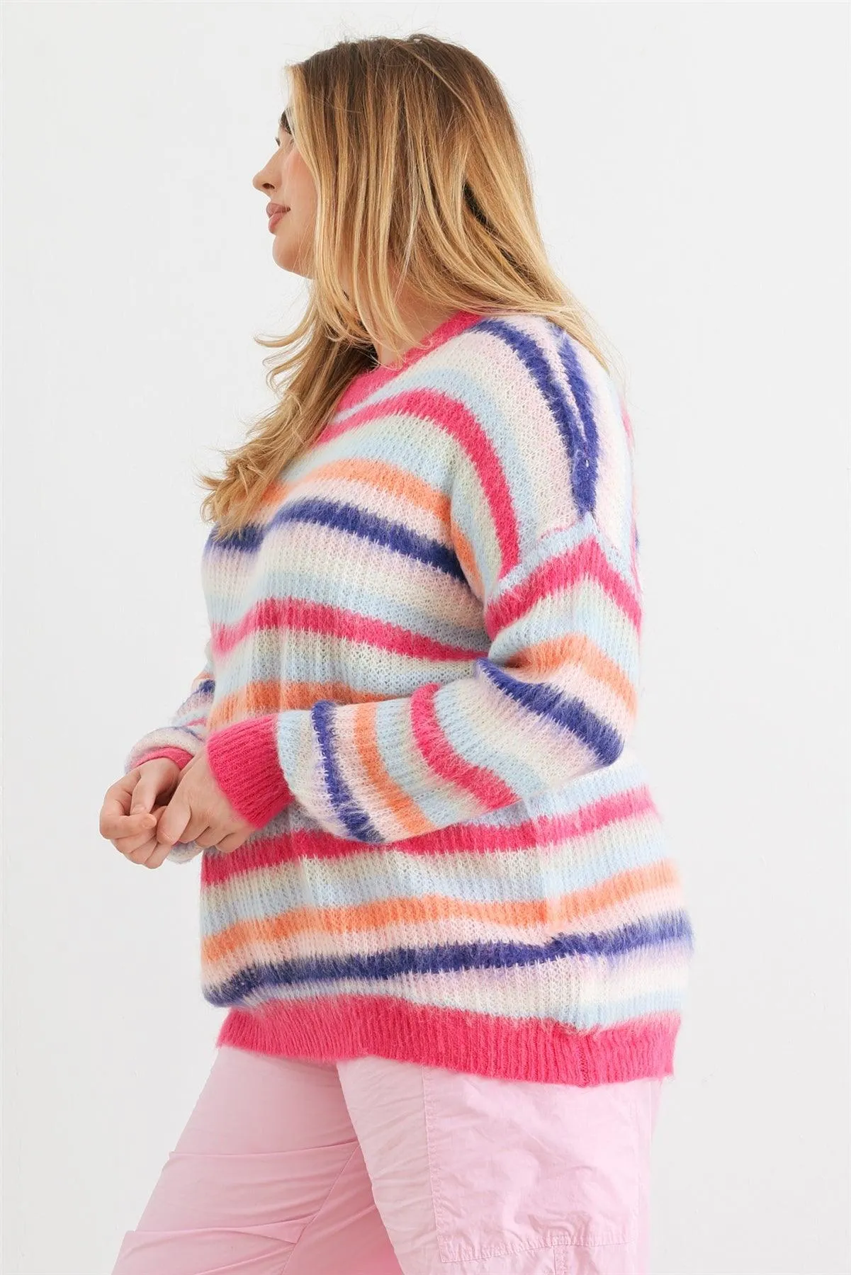 Junior Plus Fuchsia Mix Stripe Knit Long Sleeve Sweater /1-2