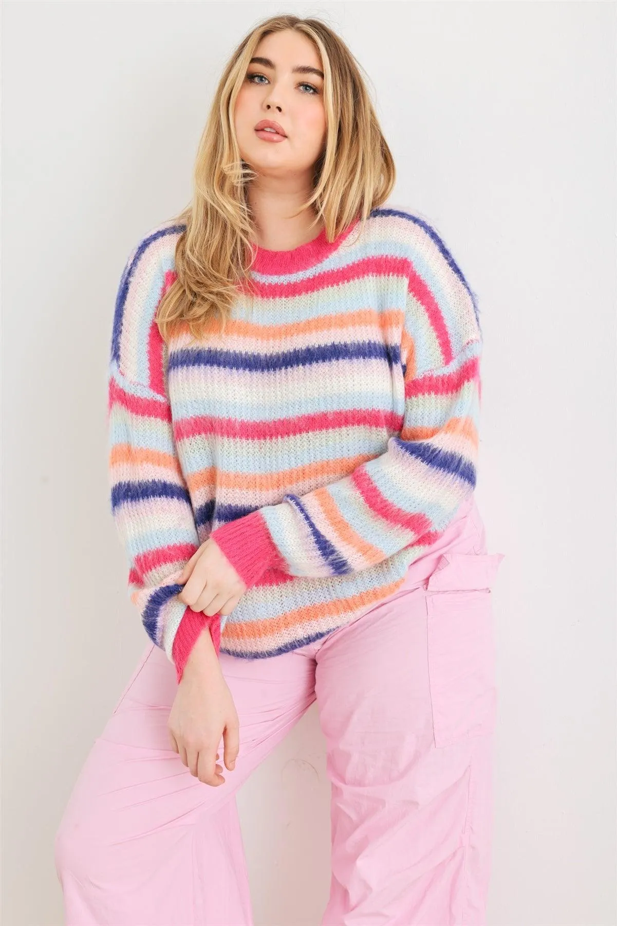 Junior Plus Fuchsia Mix Stripe Knit Long Sleeve Sweater /1-2