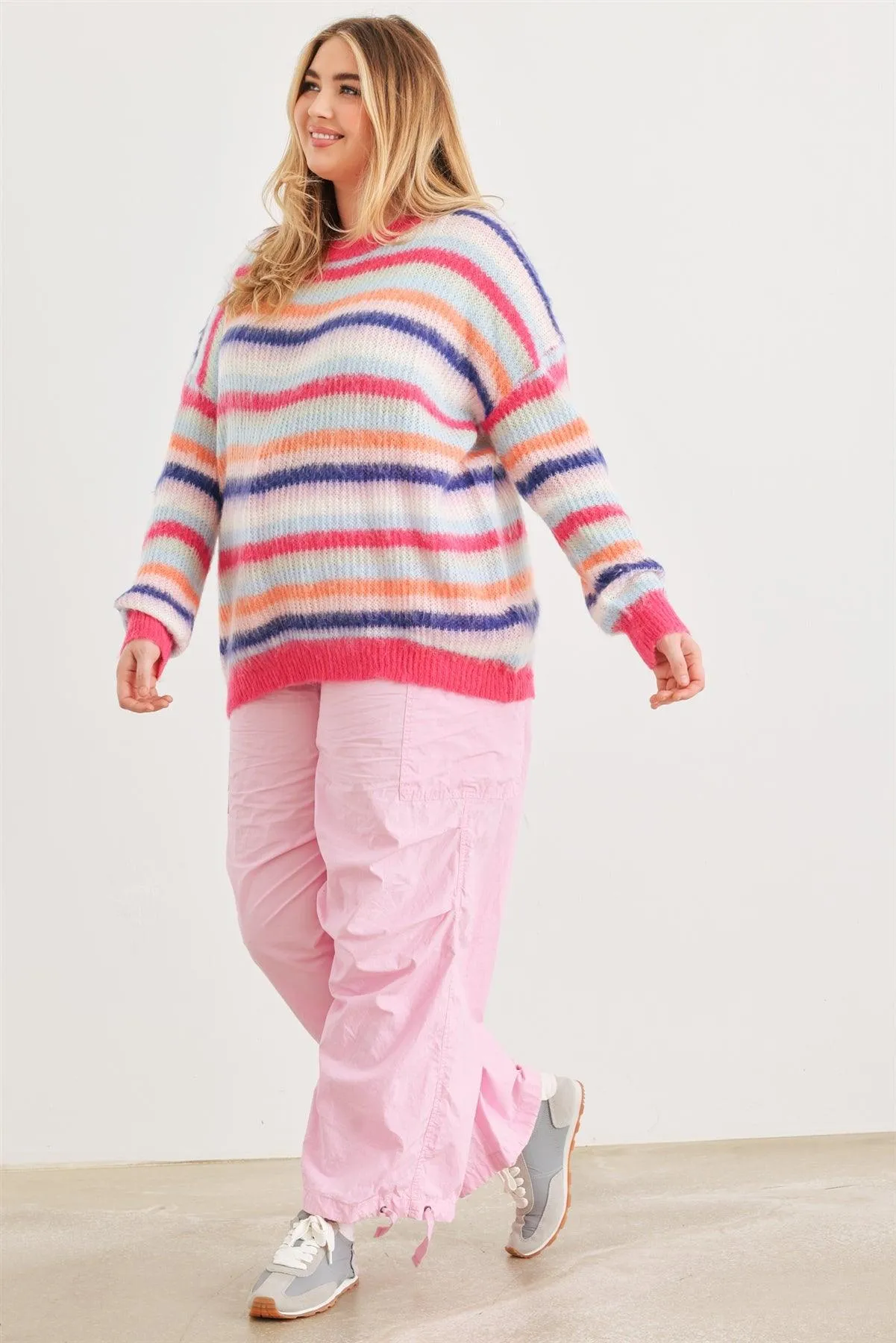 Junior Plus Fuchsia Mix Stripe Knit Long Sleeve Sweater /1-2