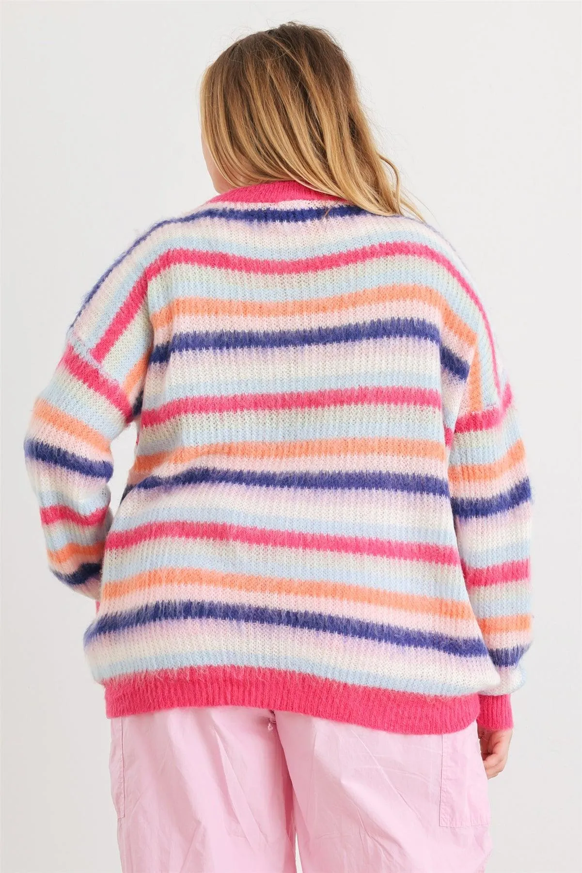 Junior Plus Fuchsia Mix Stripe Knit Long Sleeve Sweater /1-2