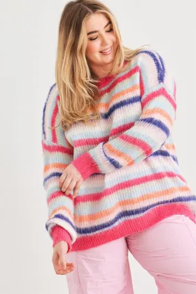 Junior Plus Fuchsia Mix Stripe Knit Long Sleeve Sweater /1-2