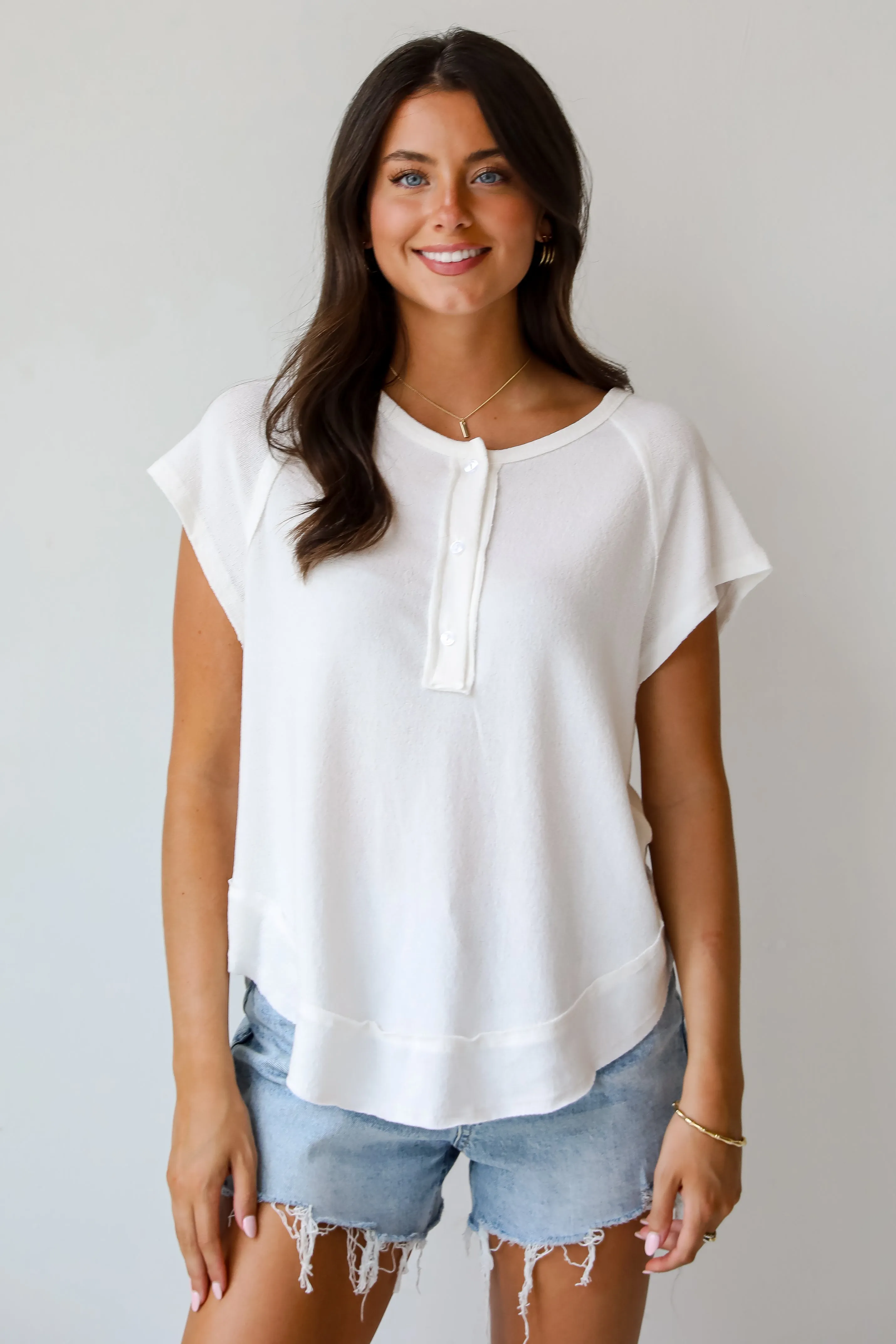 Kaylee White Knit Henley Tee - DU DEAL