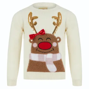 Kids 3D Reindeer Christmas Jumper Gold Sequins Red Bow Fleece