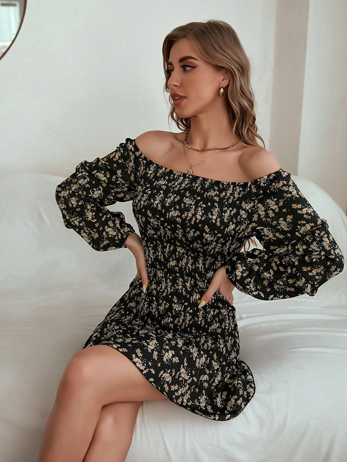 KittenAlarm - Off Shoulder Floral Print Dress