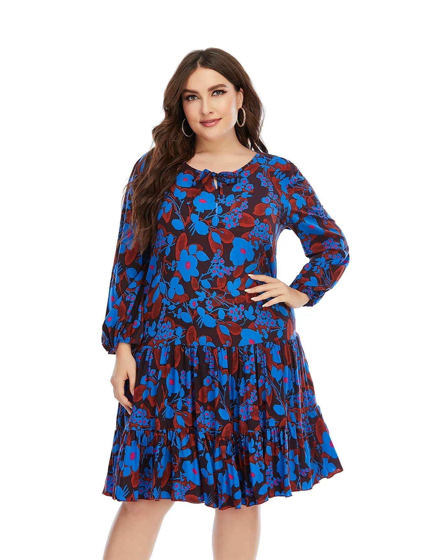 KittenAlarm - Women's New Plus Size Round Neck Lantern Sleeve Over-the-Knee Dress Mini Dress