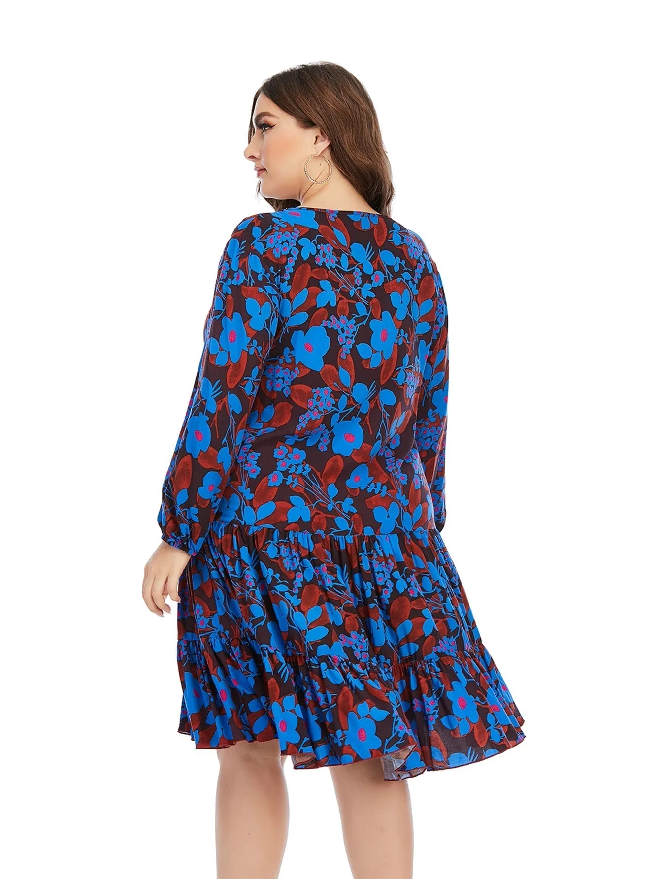 KittenAlarm - Women's New Plus Size Round Neck Lantern Sleeve Over-the-Knee Dress Mini Dress