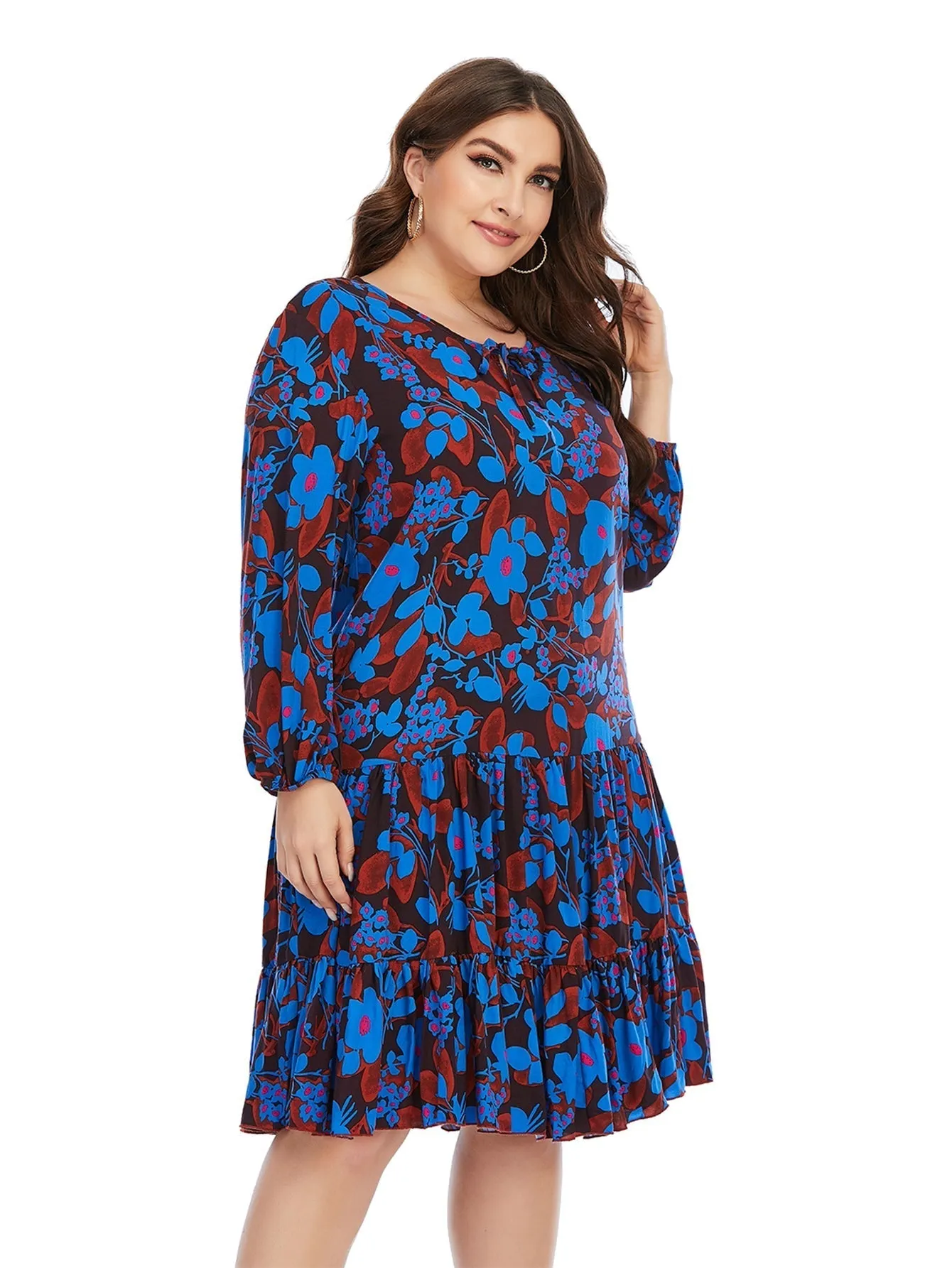 KittenAlarm - Women's New Plus Size Round Neck Lantern Sleeve Over-the-Knee Dress Mini Dress