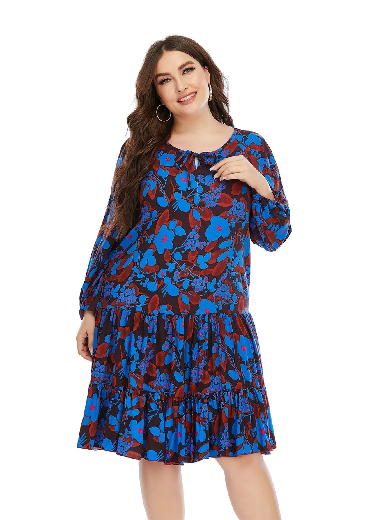 KittenAlarm - Women's New Plus Size Round Neck Lantern Sleeve Over-the-Knee Dress Mini Dress