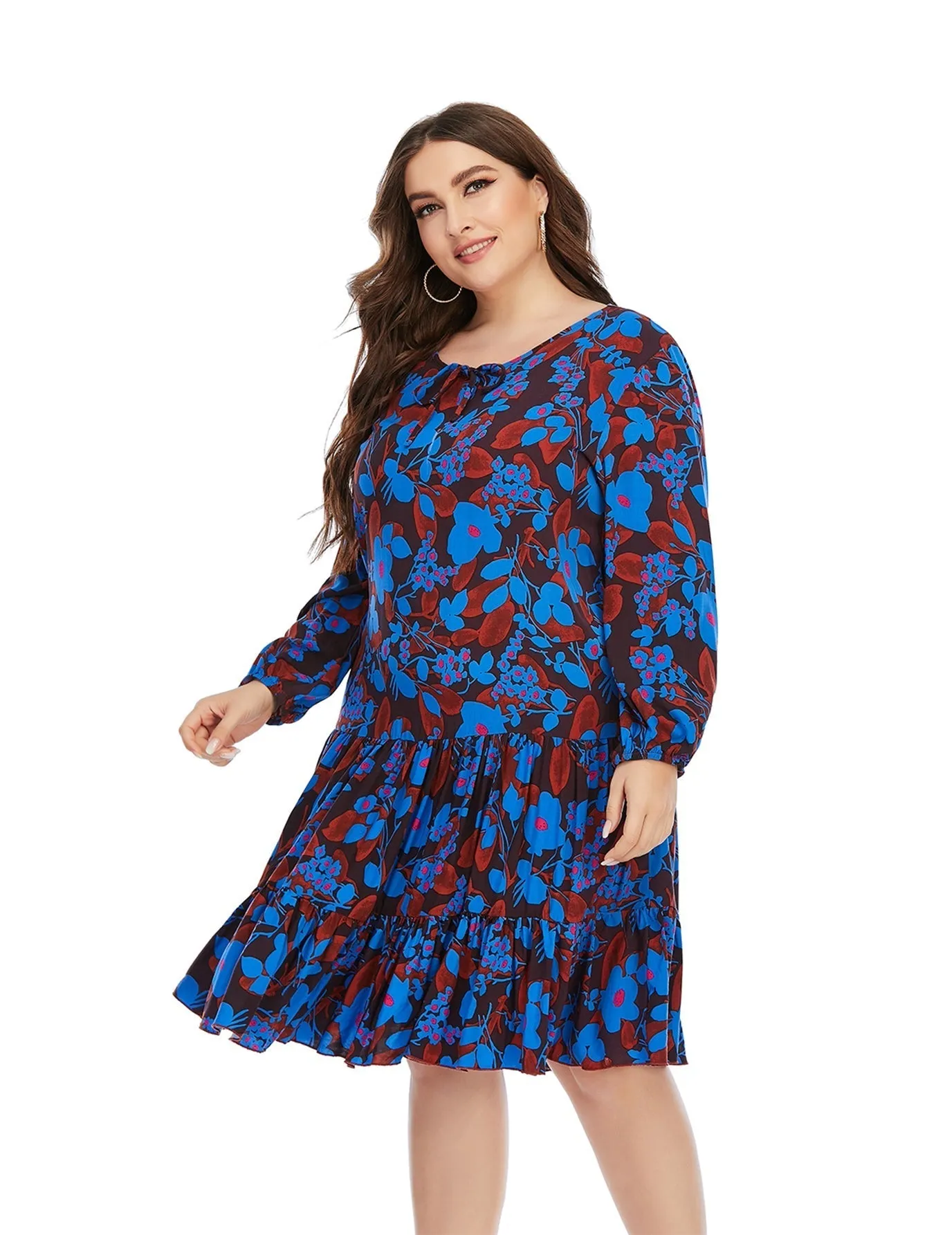 KittenAlarm - Women's New Plus Size Round Neck Lantern Sleeve Over-the-Knee Dress Mini Dress