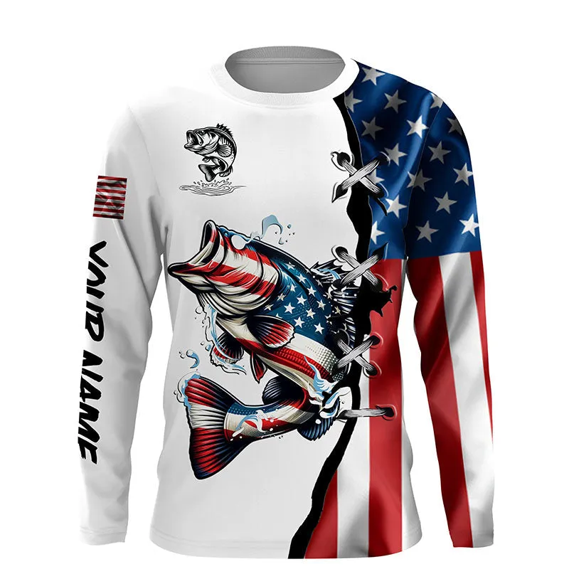 Largemouth Bass Fishing American Flag Customize 3D Long Sleeves Fishing Shirts, Perfect Shirt for Fishing Lovers