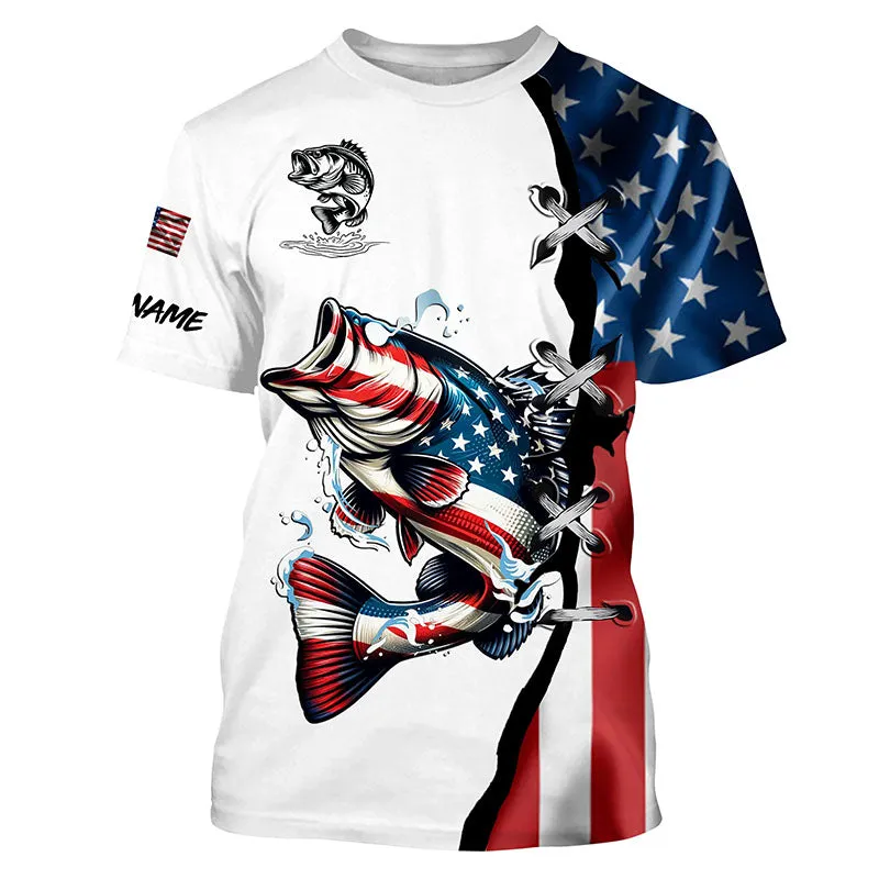 Largemouth Bass Fishing American Flag Customize 3D Long Sleeves Fishing Shirts, Perfect Shirt for Fishing Lovers