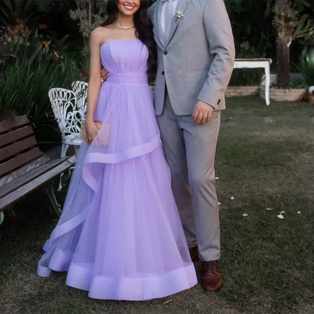 Lavender Tulle Long Dresses Wedding Party Ruffles Strapless  Prom Dresses Formal Occasion Dress     fg6856