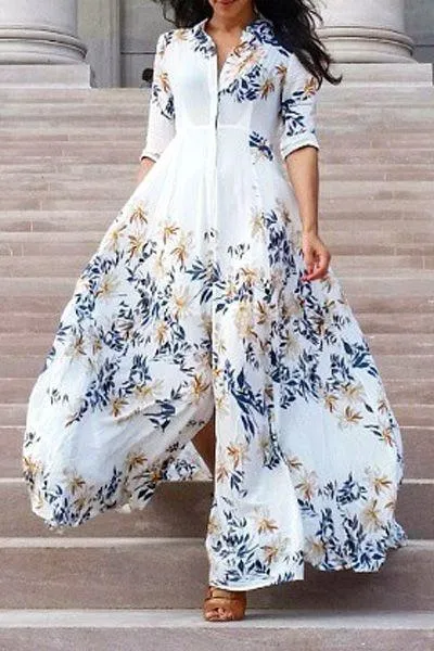 Leaf Print Bohemian Casual Long Sleeve Big hem Maxi Dress