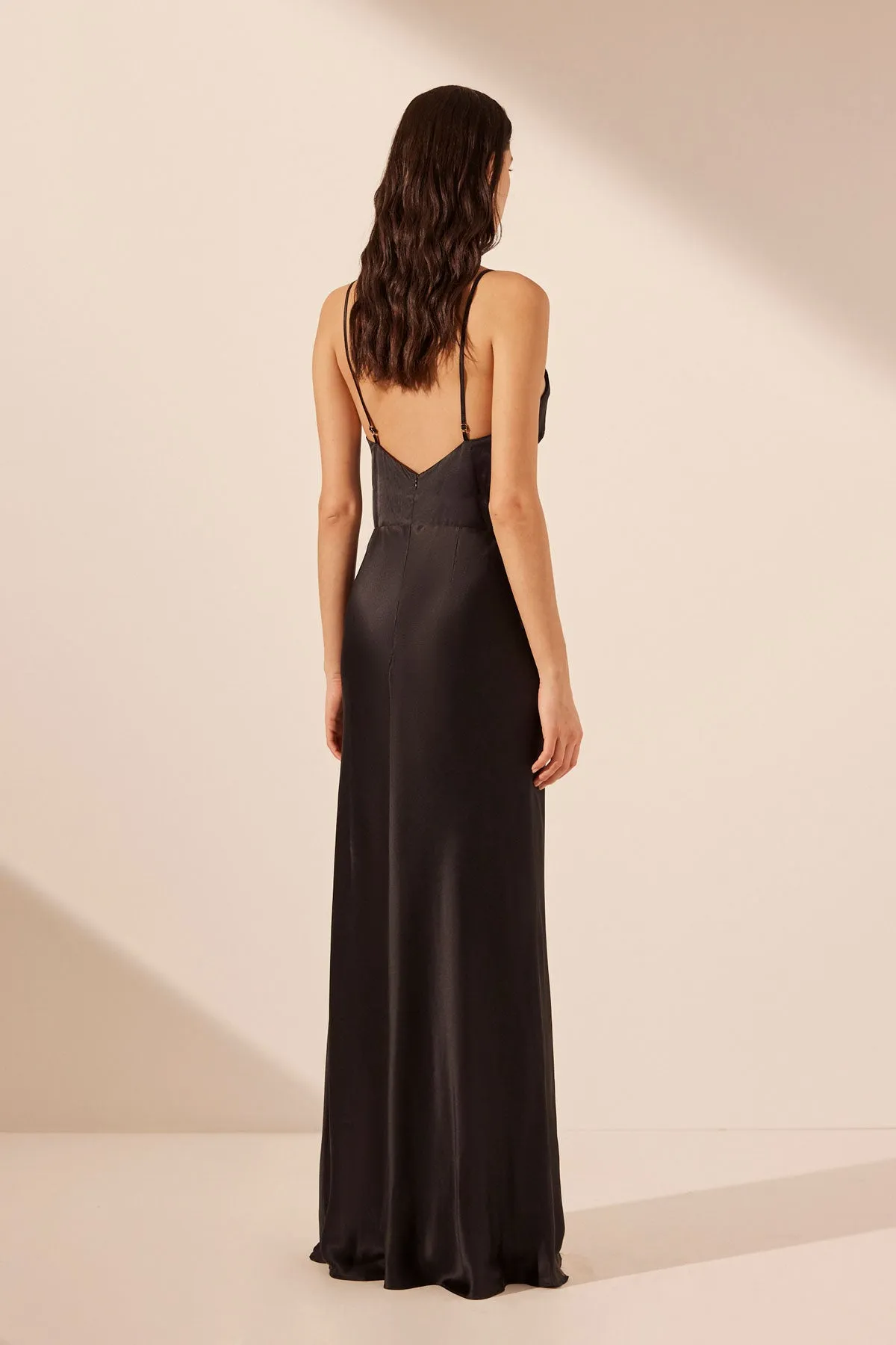 LETICIA SILK COWL NECK LACE MAXI DRESS - BLACK