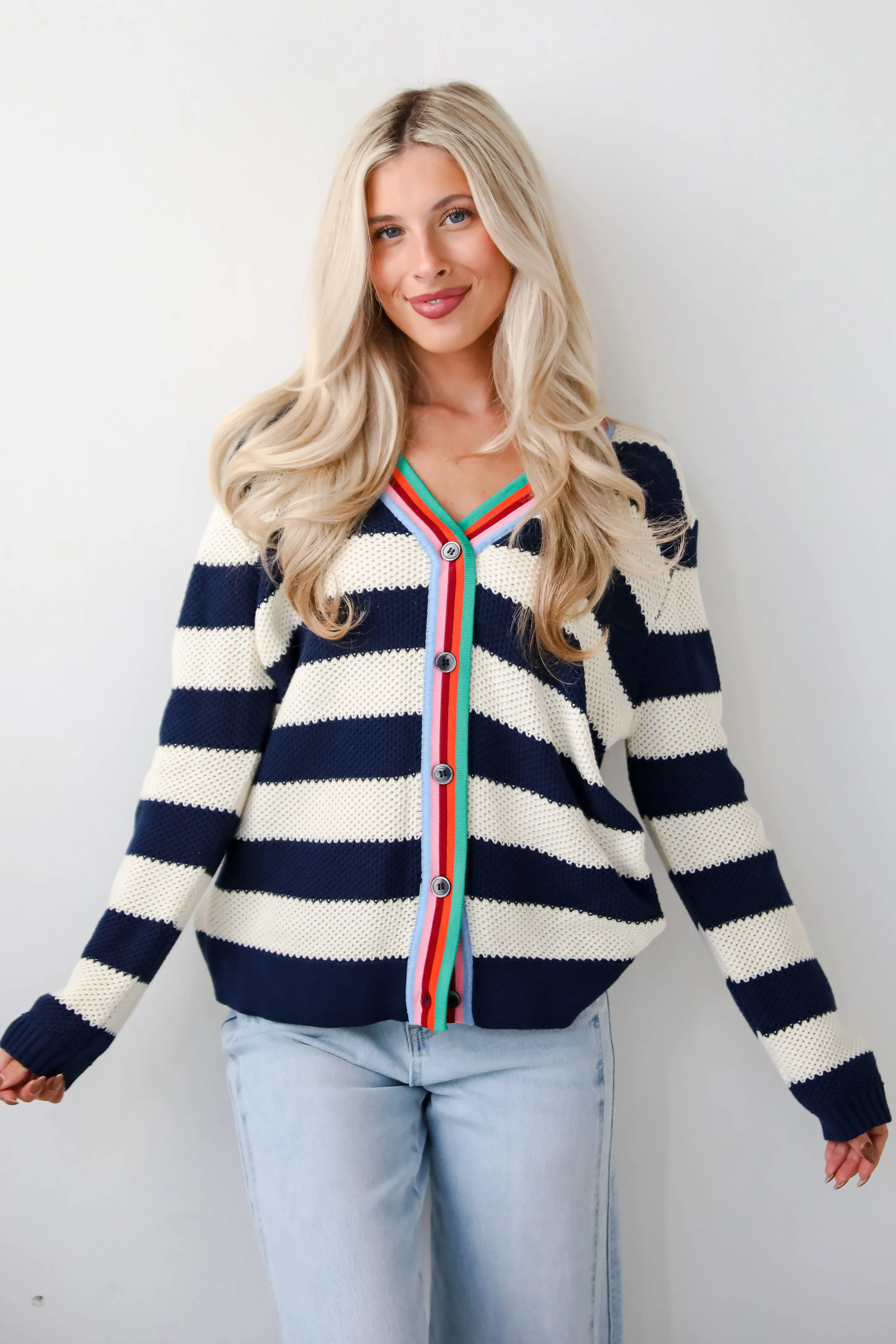 Limitless Radiance Navy Striped Sweater Cardigan