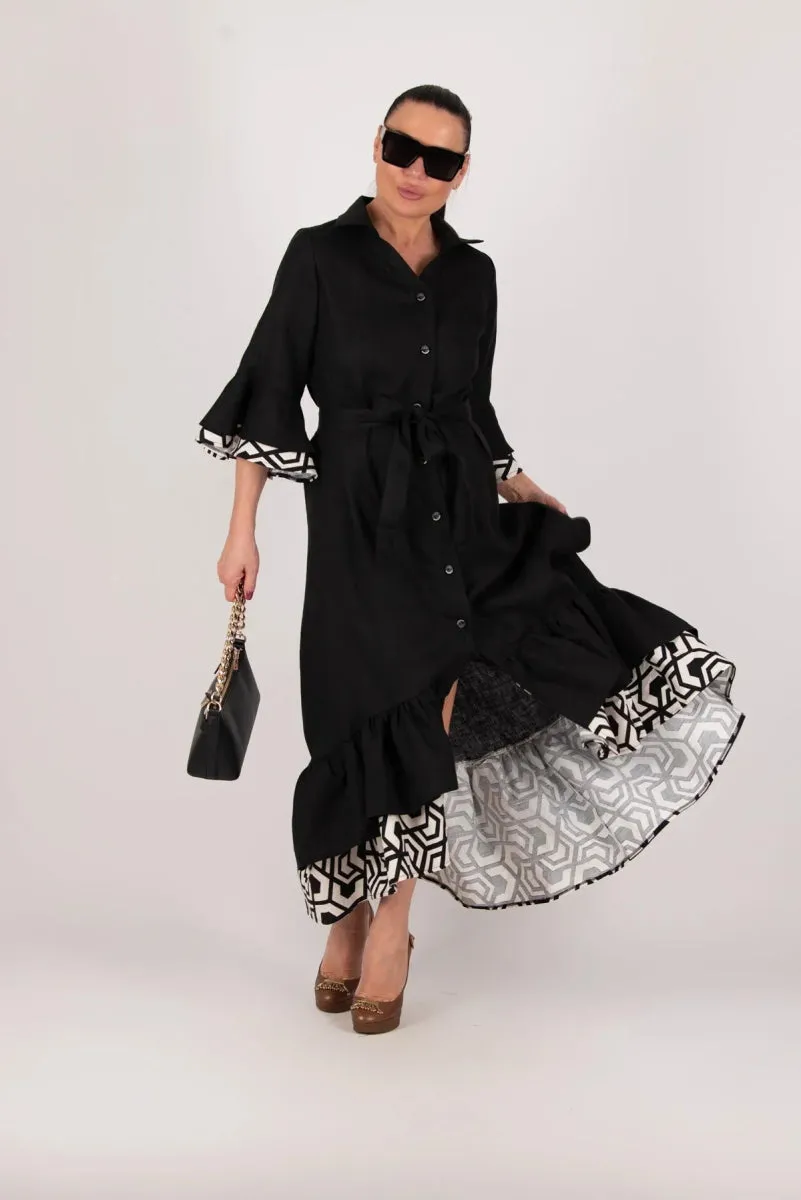 Linen Black Flounces Dress SALEM