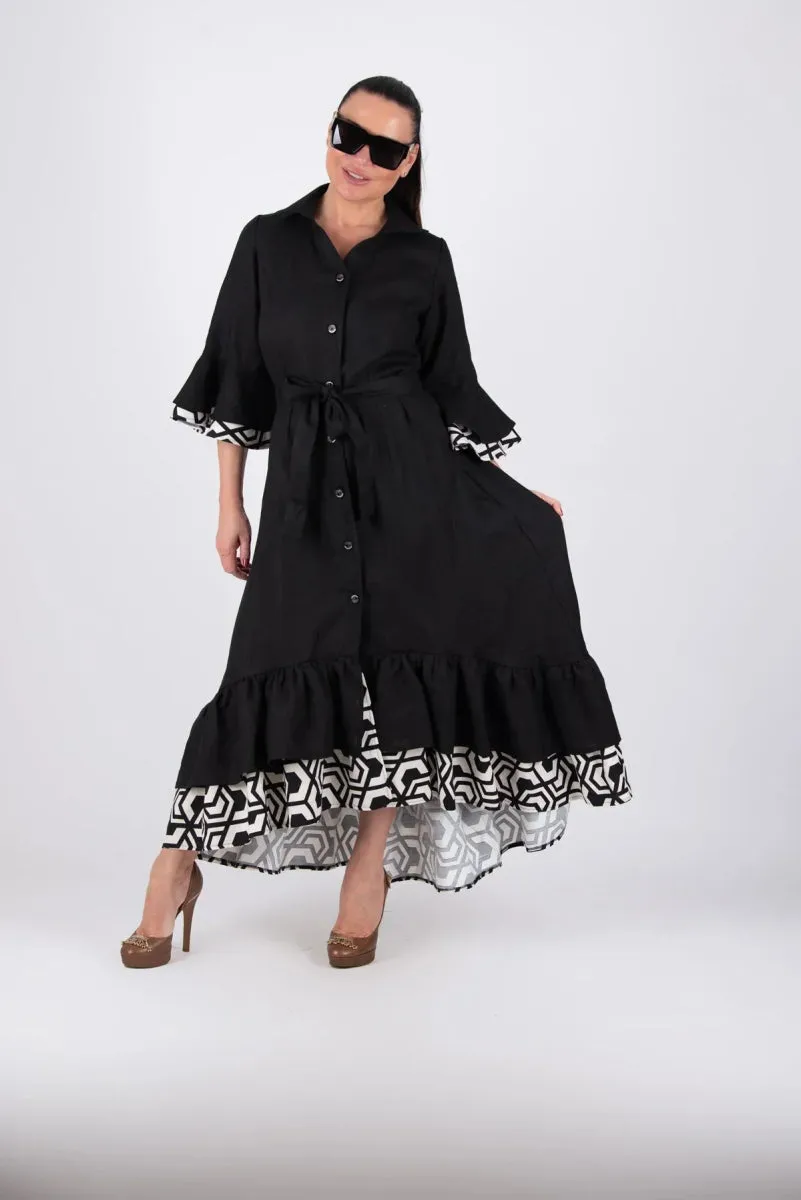 Linen Black Flounces Dress SALEM