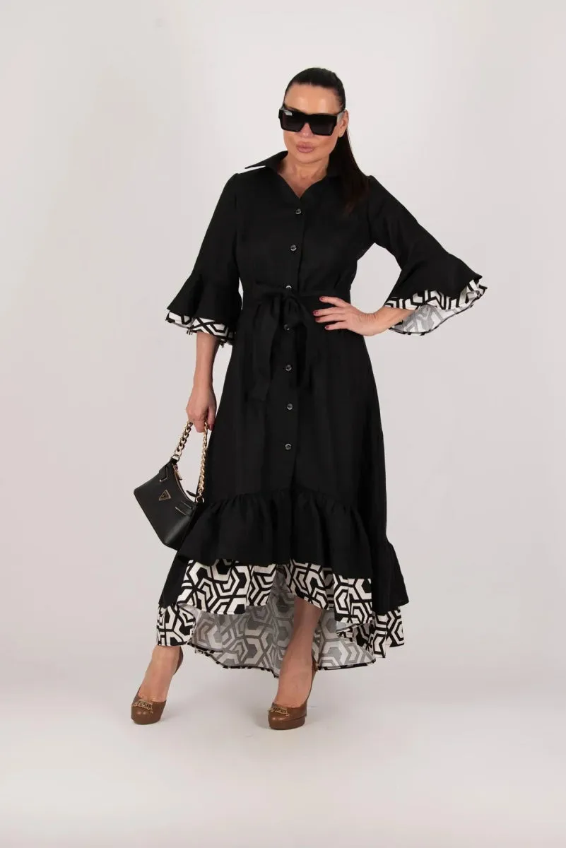 Linen Black Flounces Dress SALEM