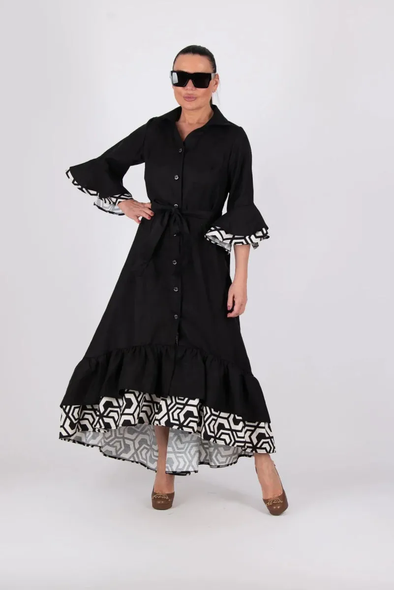 Linen Black Flounces Dress SALEM