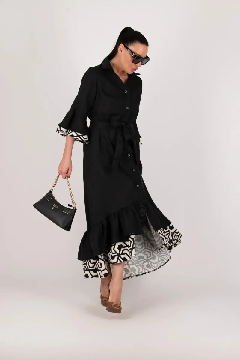 Linen Black Flounces Dress SALEM