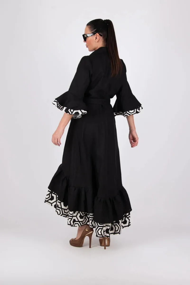 Linen Black Flounces Dress SALEM