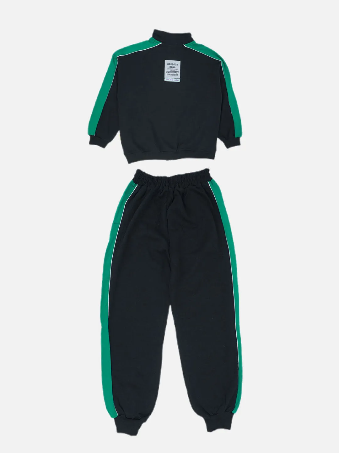 Little Surprise Box,Casual Black With Green Borer 2Pcs Track Suit Set For Kids & Tweens