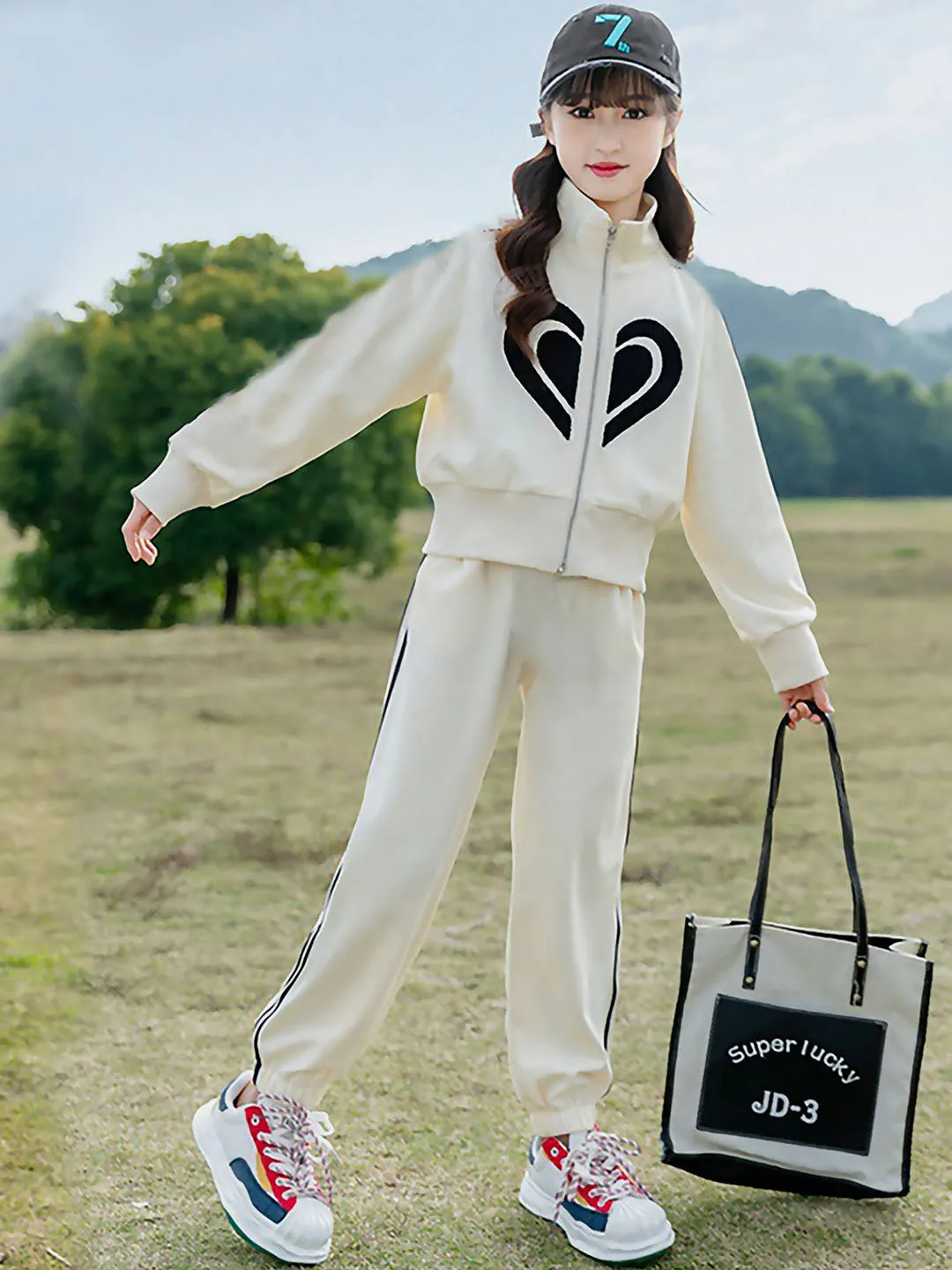 Little Surprise Box,Casual Cream & Black Big Heart 2Pcs Track Suit Set For Kids & Tweens