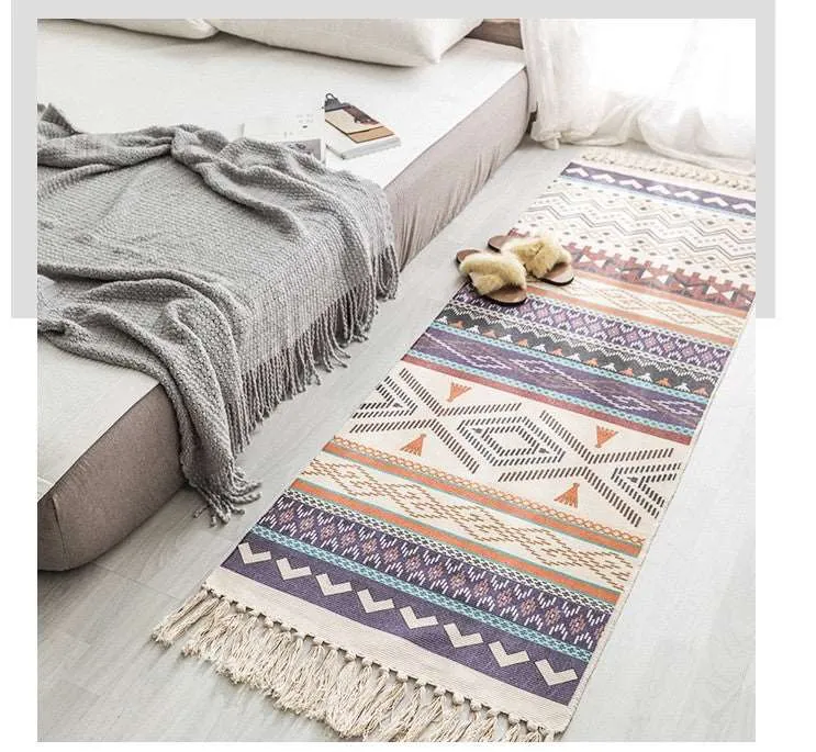 Long Hand Woven Cotton Linen Bohemian Geometric Floor Rug