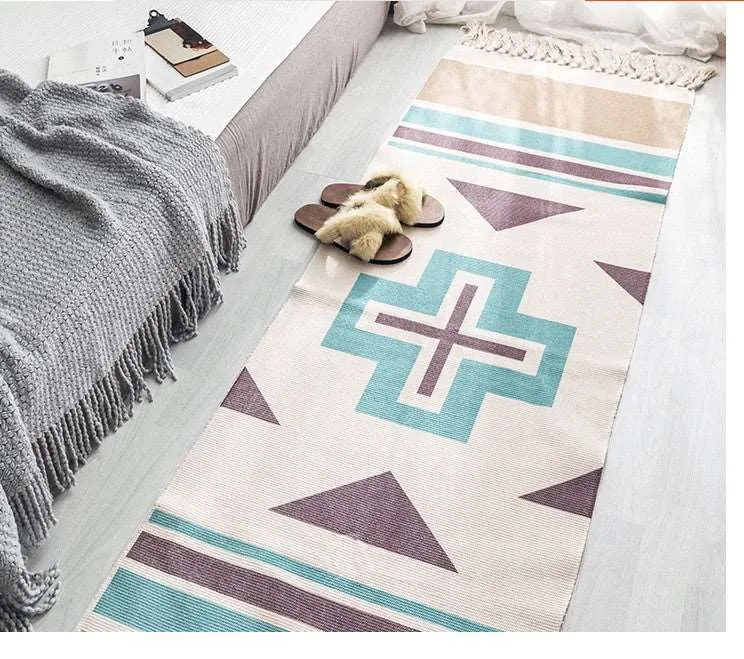 Long Hand Woven Cotton Linen Bohemian Geometric Floor Rug