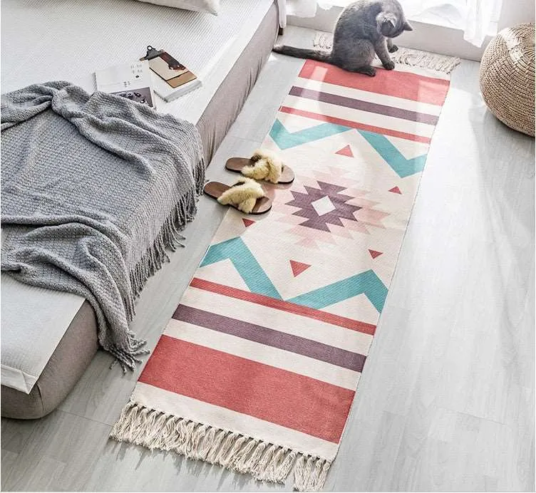 Long Hand Woven Cotton Linen Bohemian Geometric Floor Rug