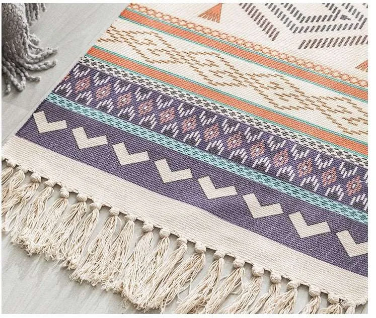 Long Hand Woven Cotton Linen Bohemian Geometric Floor Rug