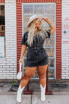 Manhattan Marvels Denim Romper in Vintage Black Curves