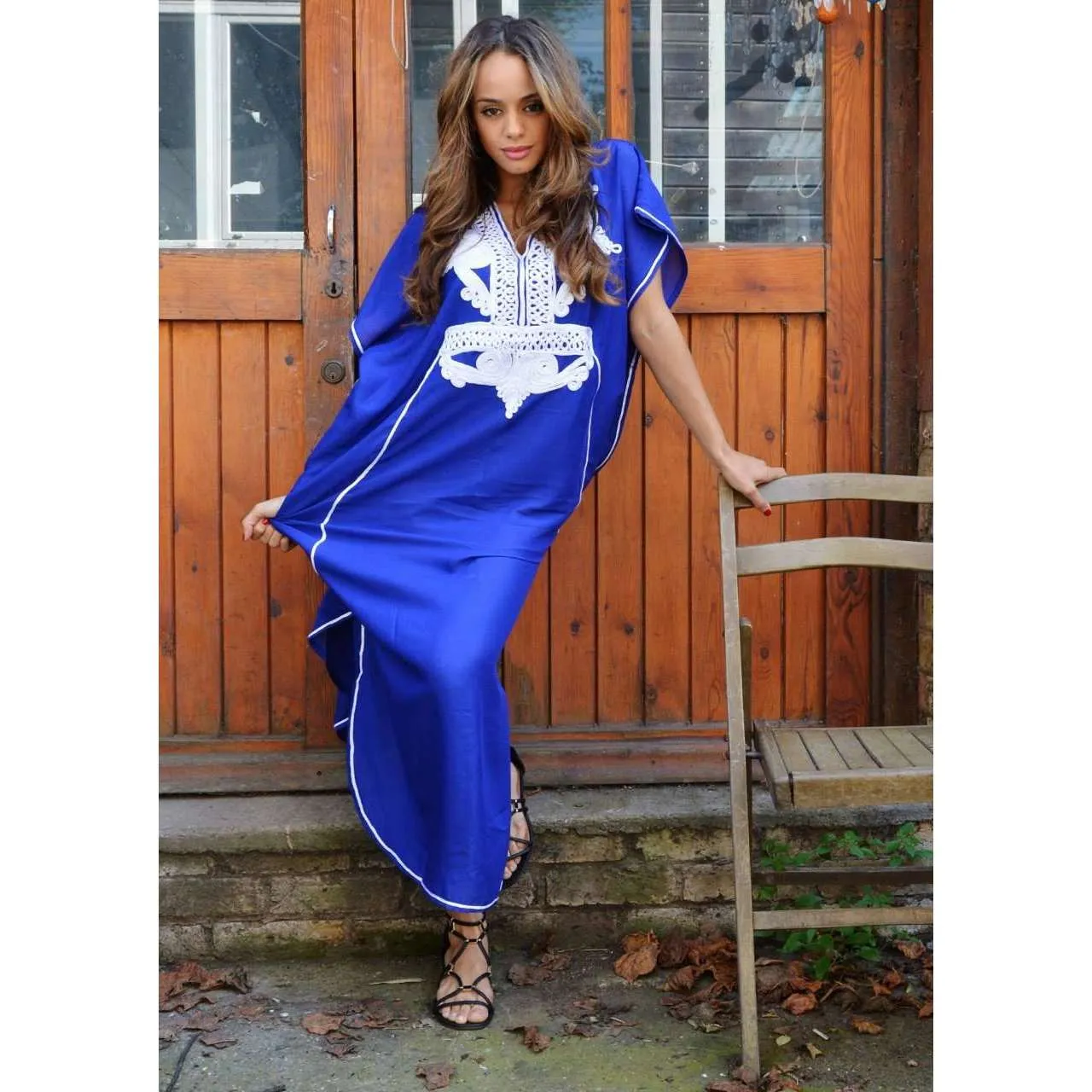 Marine Blue with White Marrakech Resort Lounge Wear Caftan Kaftan