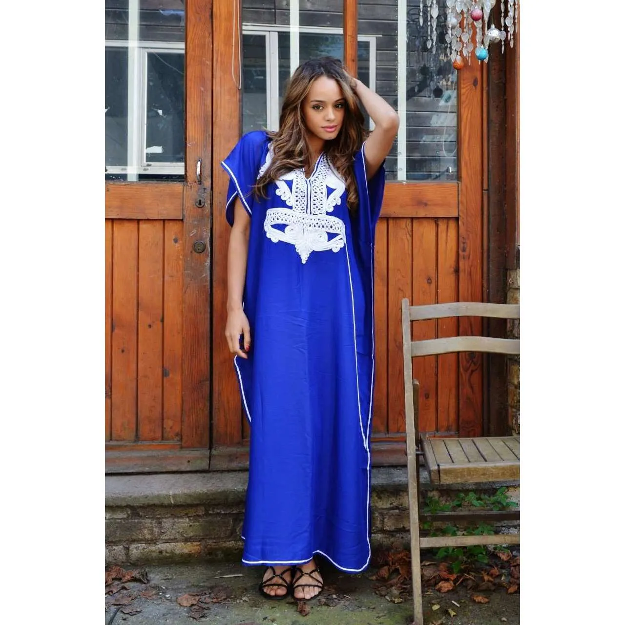 Marine Blue with White Marrakech Resort Lounge Wear Caftan Kaftan