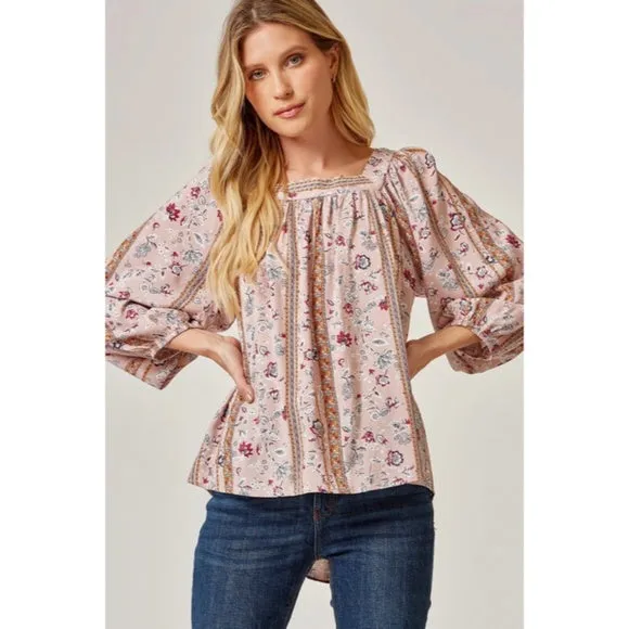 Mauve Bohemian Floral Print Peasant Long Sleeve Tie Back Square Neck Blouse