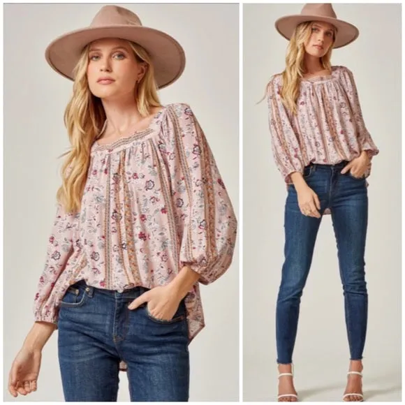 Mauve Bohemian Floral Print Peasant Long Sleeve Tie Back Square Neck Blouse