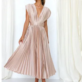 MELI - Elegant V-Neck Pleated Maxi Dress