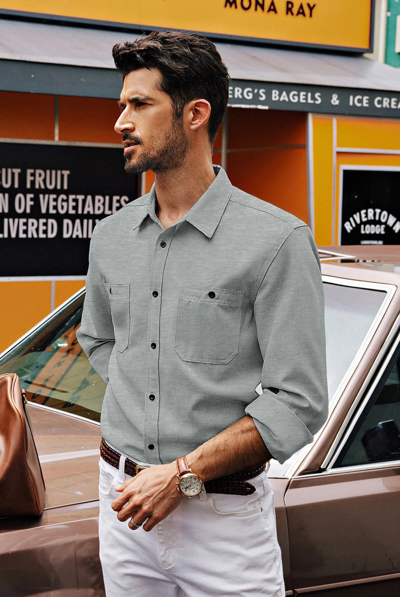 Men Curved Hem Shirt Casual Long Sleeve Classic Collar Button-up Tops