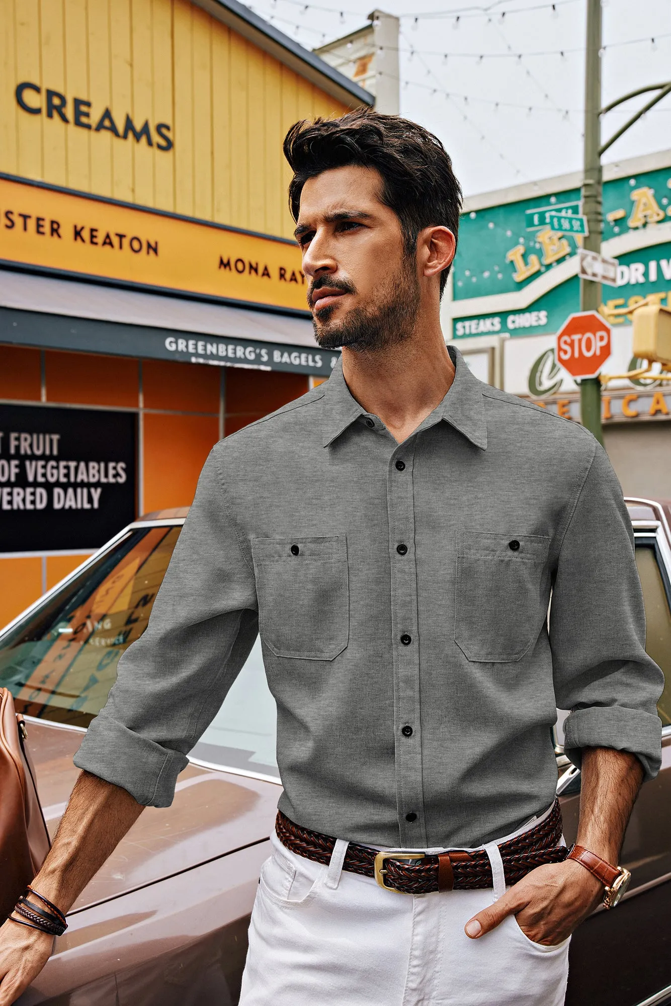 Men Curved Hem Shirt Casual Long Sleeve Classic Collar Button-up Tops