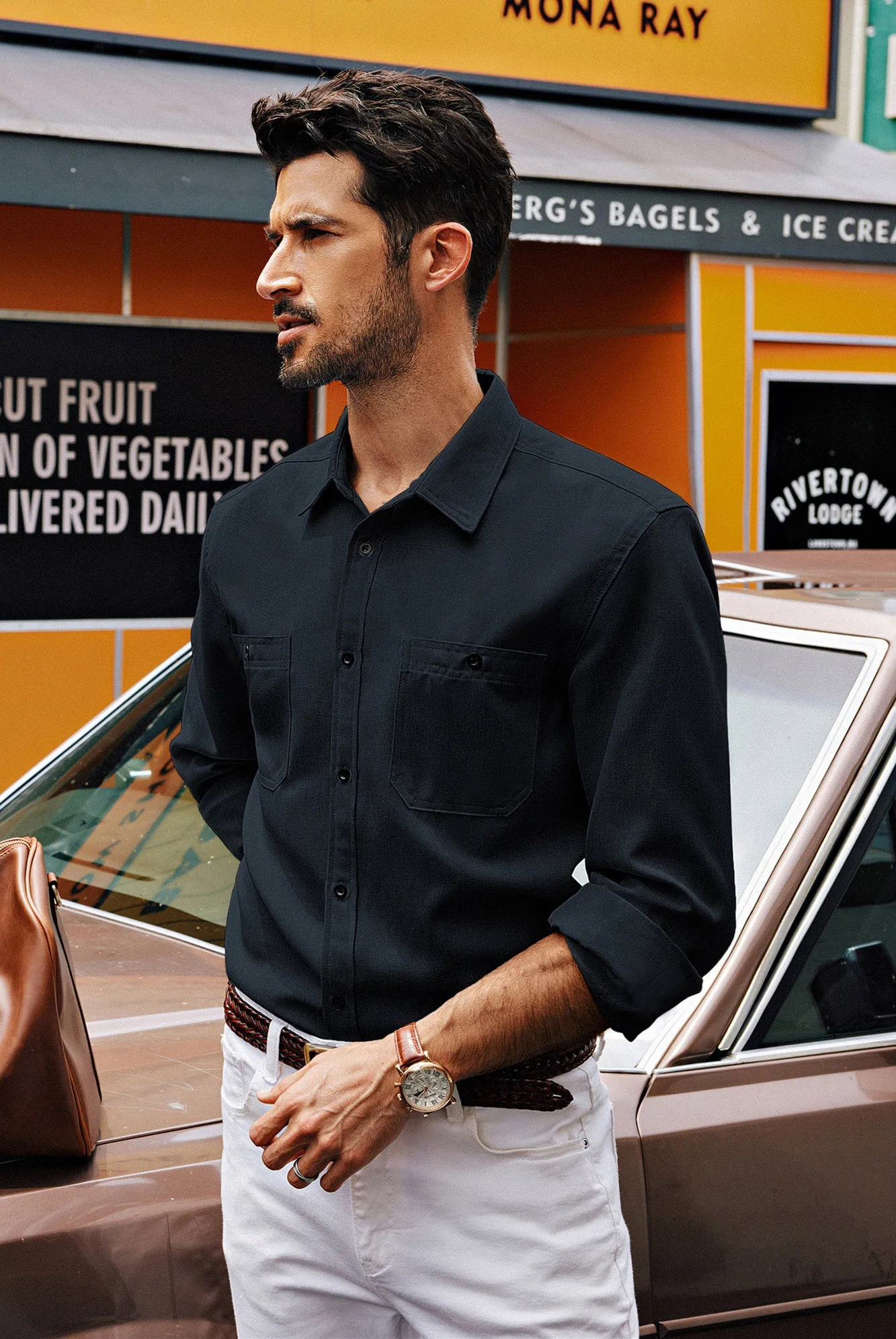 Men Curved Hem Shirt Casual Long Sleeve Classic Collar Button-up Tops