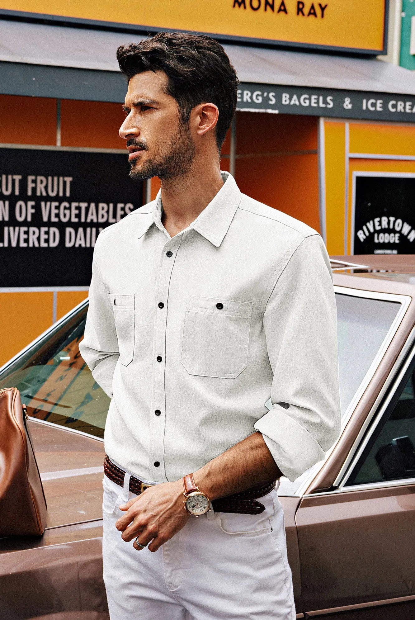 Men Curved Hem Shirt Casual Long Sleeve Classic Collar Button-up Tops