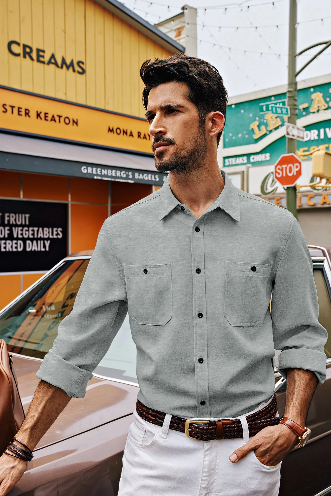 Men Curved Hem Shirt Casual Long Sleeve Classic Collar Button-up Tops